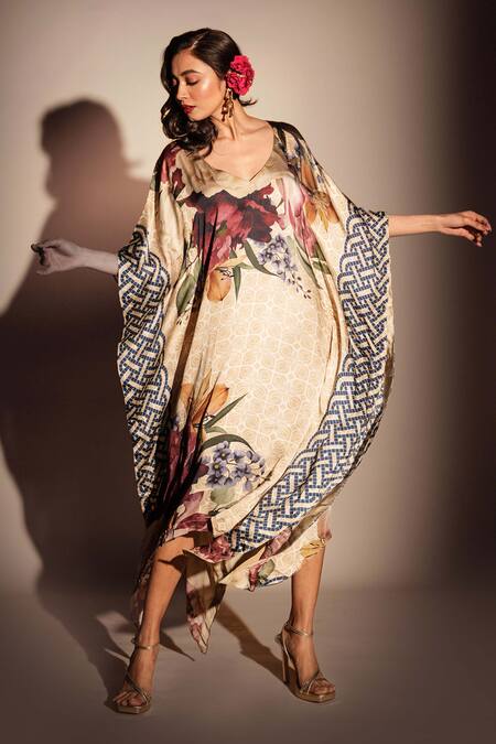 Buy_ISADAA BY ROTNA DUTT_Beige Georgette Foil Printing V-neck Digital Printed Kaftan With Satin Border _Online_at_Aza_Fashions