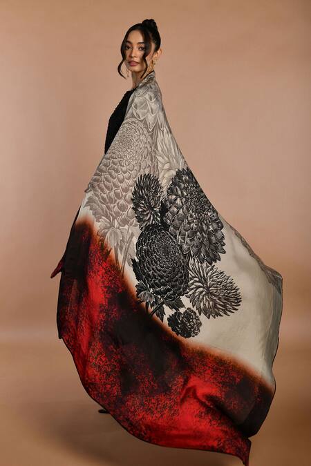 ISADAA BY ROTNA DUTT_Black Satin, Georgette, Organza Round Digital Print Kurta Palazzo And Dupatta Set _Online_at_Aza_Fashions