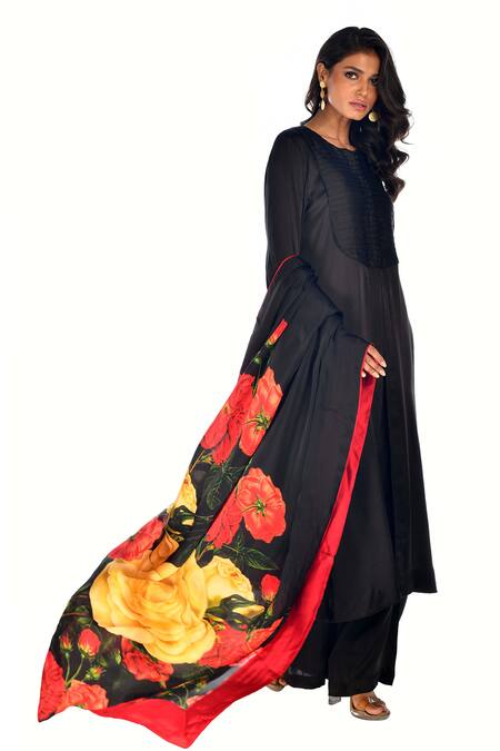 ISADAA BY ROTNA DUTT_Black Satin, Georgette, Digital Printed Floral Kurta Palazzo Set With Dupatta _Online_at_Aza_Fashions