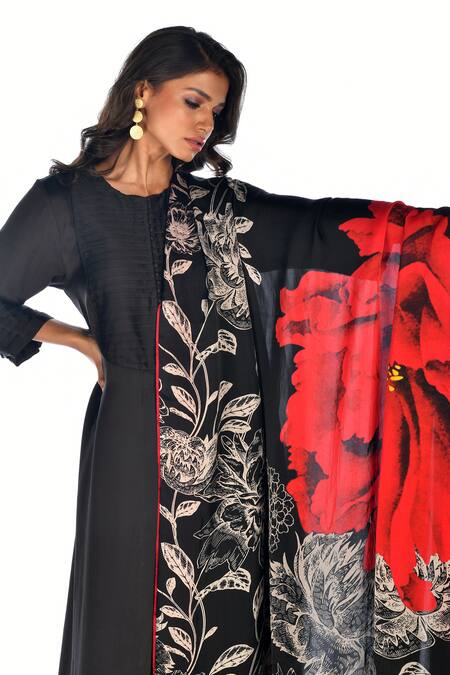 ISADAA BY ROTNA DUTT_Black Satin, Georgette, Organza Digital Printed Kurta, Palazzo And Dupatta Set _Online_at_Aza_Fashions