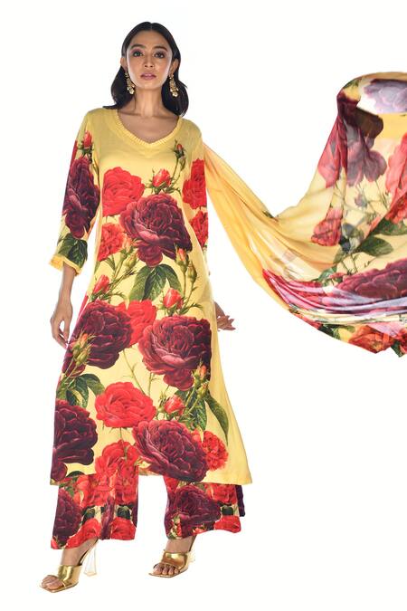 Buy_ISADAA BY ROTNA DUTT_Yellow Organza, Satin V-neck Digital Floral Printed Kurta, Palazzo And Dupatta _Online_at_Aza_Fashions