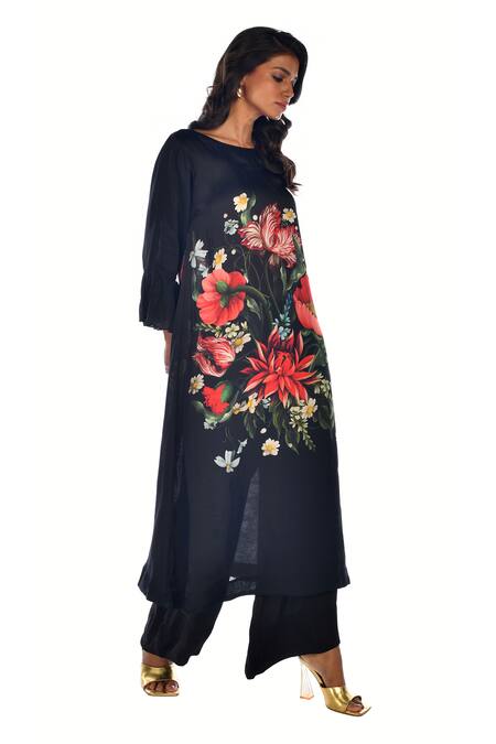 ISADAA BY ROTNA DUTT_Black Satin, Georgette Boat Neck Digital Printed Kurta And Palazzo Set _Online_at_Aza_Fashions