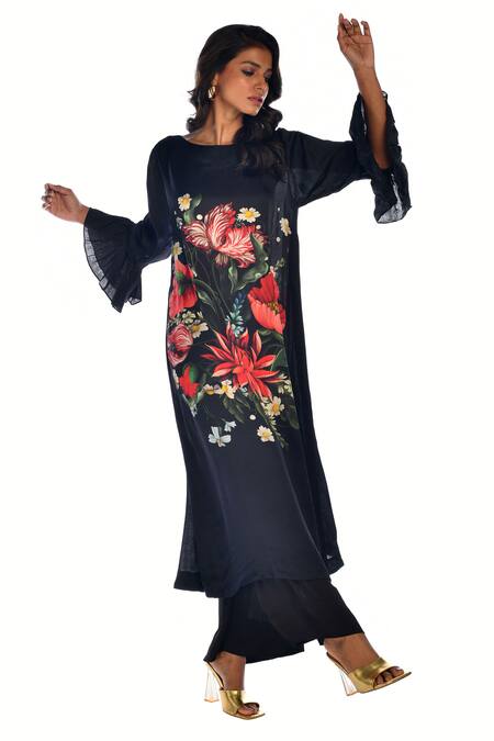 Buy_ISADAA BY ROTNA DUTT_Black Satin, Georgette Boat Neck Digital Printed Kurta And Palazzo Set _Online_at_Aza_Fashions