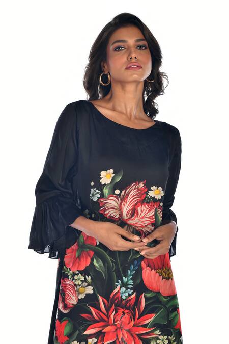 Shop_ISADAA BY ROTNA DUTT_Black Satin, Georgette Boat Neck Digital Printed Kurta And Palazzo Set _Online_at_Aza_Fashions