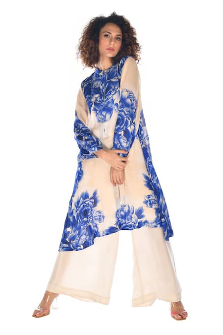 ISADAA BY ROTNA DUTT_White Satin, Georgette Mandarin Collar Digital Printed Kurta And Palazzo Set _Online_at_Aza_Fashions