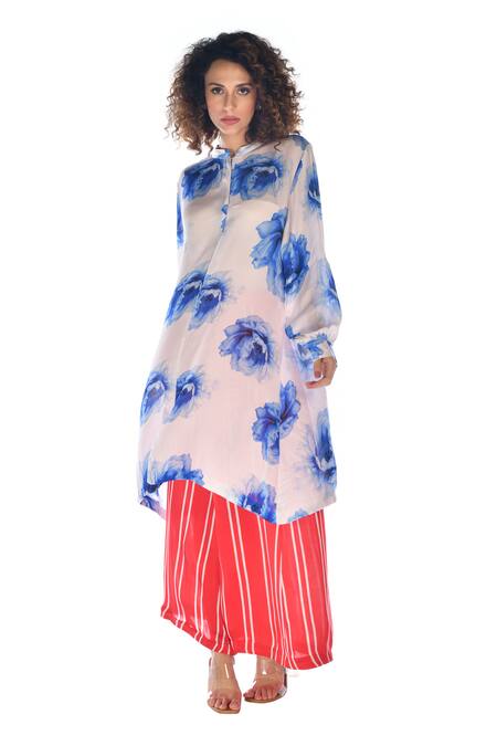 ISADAA BY ROTNA DUTT_White Satin, Georgette Mandarin Collar Digital Printed Kurta And Palazzo Set _Online_at_Aza_Fashions