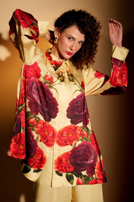 ISADAA BY ROTNA DUTT_Yellow Satin, Georgette Collared Digital Printed Floral Shirt And Pant Set _Online_at_Aza_Fashions