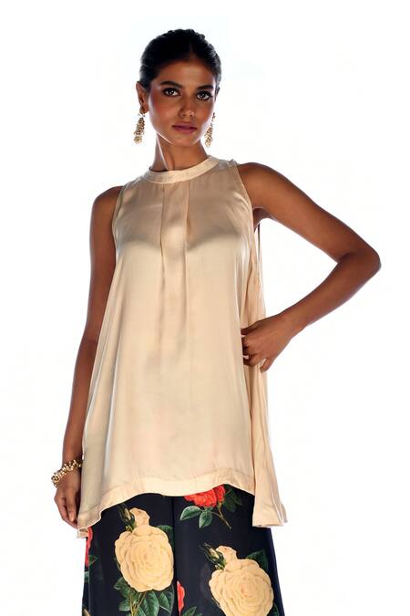 Shop_ISADAA BY ROTNA DUTT_Beige Satin, Georgette Round Neck Sleeveless Tunic And Digital Printed Flared Pant _Online_at_Aza_Fashions