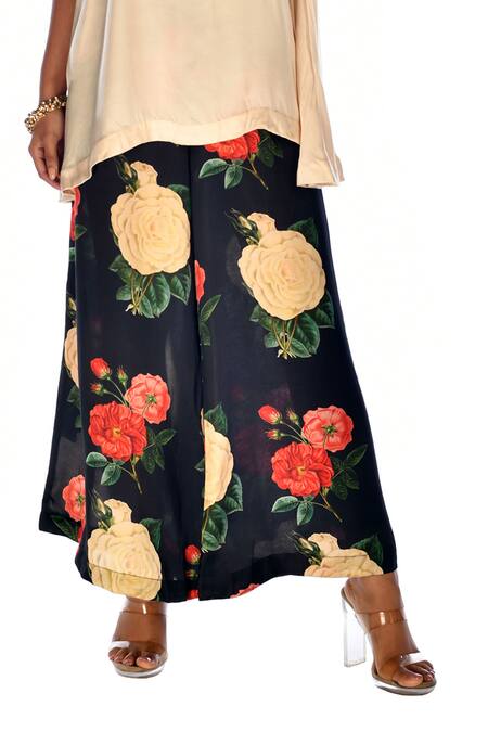 ISADAA BY ROTNA DUTT_Beige Satin, Georgette Round Neck Sleeveless Tunic And Digital Printed Flared Pant _at_Aza_Fashions