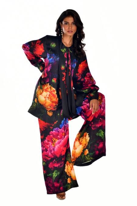 ISADAA BY ROTNA DUTT_Black Satin, Georgette Open Neck Digital Printed Top And Pant Set _Online_at_Aza_Fashions