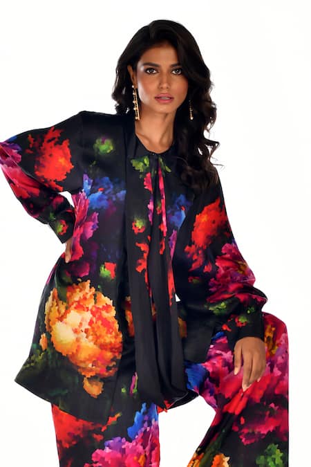 Buy_ISADAA BY ROTNA DUTT_Black Satin, Georgette Open Neck Digital Printed Top And Pant Set _Online_at_Aza_Fashions