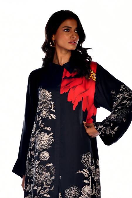 ISADAA BY ROTNA DUTT_Black Satin, Georgette Mandarin Collar Digital Print Tunic And Flared Pant Set _Online_at_Aza_Fashions