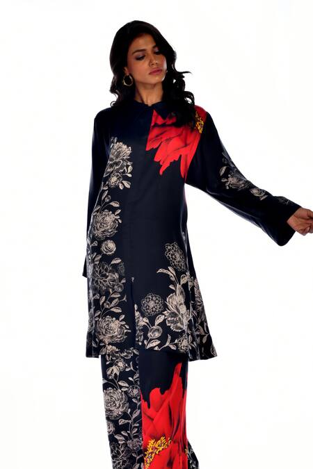 Buy_ISADAA BY ROTNA DUTT_Black Satin, Georgette Mandarin Collar Digital Print Tunic And Flared Pant Set _Online_at_Aza_Fashions