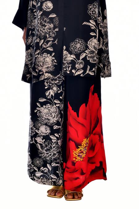 ISADAA BY ROTNA DUTT_Black Satin, Georgette Mandarin Collar Digital Print Tunic And Flared Pant Set _at_Aza_Fashions