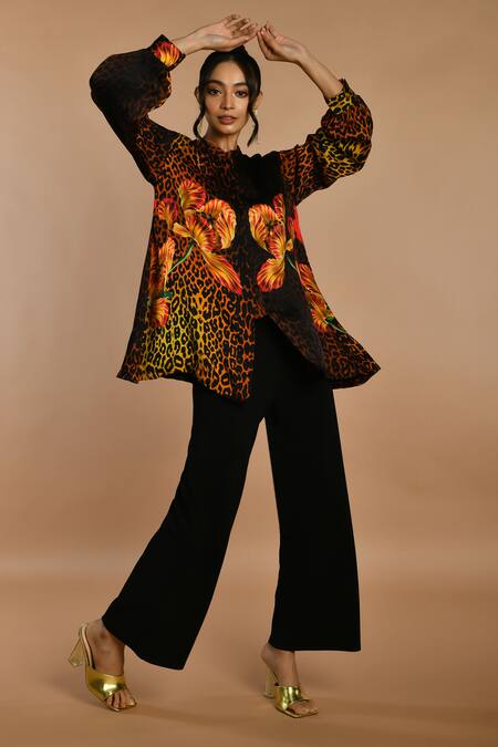 ISADAA BY ROTNA DUTT_Black Satin, Georgette Mandarin Collar Digital Printed Leopard And Floral Top Set _Online_at_Aza_Fashions