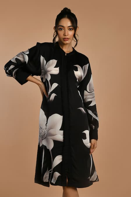 ISADAA BY ROTNA DUTT Black Georgette Mandarin Collar Digital Printed Floral Shirt Dress Online at Aza Fashions ISADAA BY ROTNA DUTT_Black Georgette Mandarin Collar Digital Printed Floral Shirt Dress _Online_at_Aza_Fashions