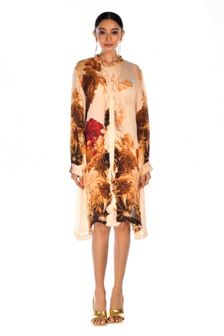 ISADAA BY ROTNA DUTT Beige Satin, Georgette Ruffles Round Neck Digital Printed Shirt Dress Online at Aza Fashions ISADAA BY ROTNA DUTT_Beige Satin, Georgette Ruffles Round Neck Digital Printed Shirt Dress _Online_at_Aza_Fashions