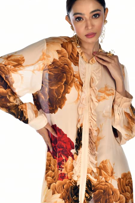Buy_ISADAA BY ROTNA DUTT_Beige Satin, Georgette Ruffles Round Neck Digital Printed Shirt Dress _Online_at_Aza_Fashions