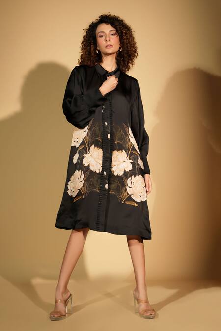 ISADAA BY ROTNA DUTT_Black Satin, Georgette Collared Digital Printed Floral Shirt Dress _Online_at_Aza_Fashions