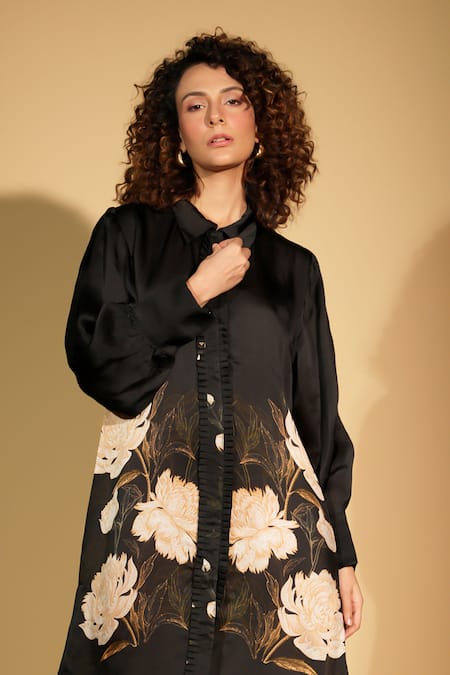 Buy ISADAA BY ROTNA DUTT Black Satin, Georgette Collared Digital Printed Floral Shirt Dress Online at Aza Fashions Buy_ISADAA BY ROTNA DUTT_Black Satin, Georgette Collared Digital Printed Floral Shirt Dress _Online_at_Aza_Fashions