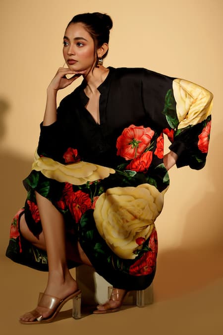 Buy_ISADAA BY ROTNA DUTT_Black Satin, Georgette Split V-neck Digital Printed Floral Shirt Dress _Online_at_Aza_Fashions