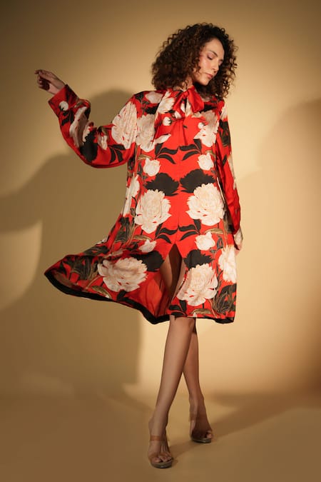 ISADAA BY ROTNA DUTT_Red Satin, Georgette Collared Digital Printed Floral Shirt Dress _Online_at_Aza_Fashions