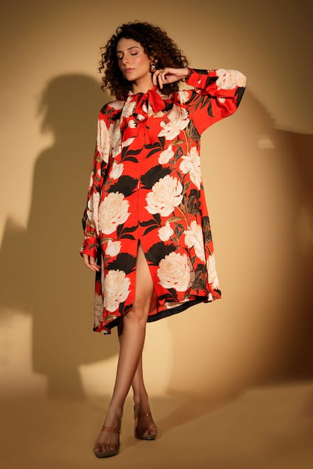 Shop_ISADAA BY ROTNA DUTT_Red Satin, Georgette Collared Digital Printed Floral Shirt Dress _Online_at_Aza_Fashions