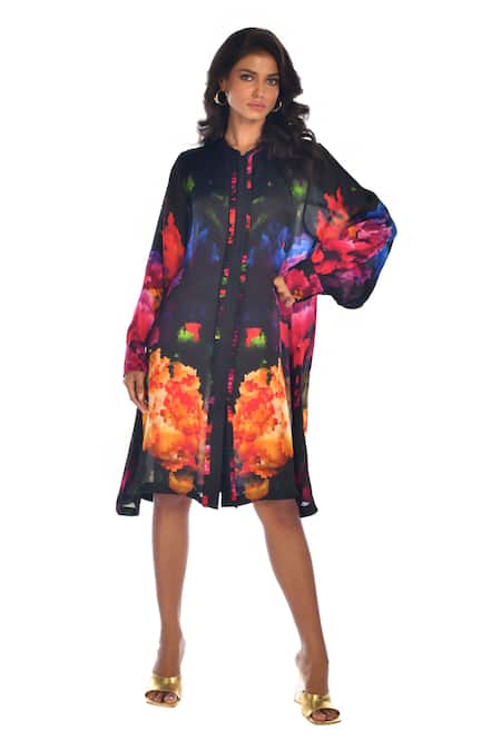 ISADAA BY ROTNA DUTT Digital Print Satin Georgette Shirt Dress 