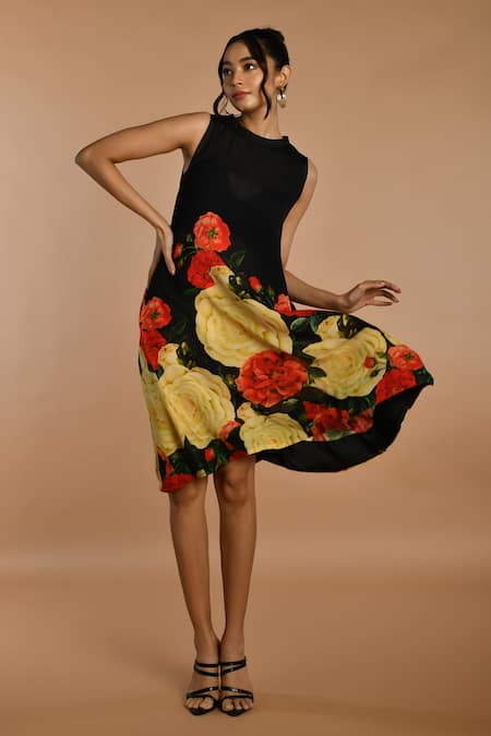 Buy_ISADAA BY ROTNA DUTT_Black Satin, Georgette Round Neck Digital Printed Floral Dress _Online_at_Aza_Fashions