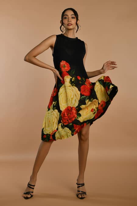 Shop_ISADAA BY ROTNA DUTT_Black Satin, Georgette Round Neck Digital Printed Floral Dress _Online_at_Aza_Fashions