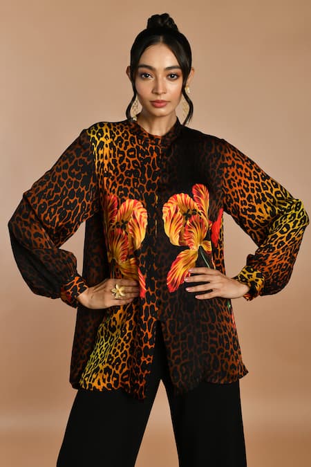 Buy_ISADAA BY ROTNA DUTT_Black Satin, Georgette Round Neck Digital Print Animal And Floral Shirt _Online_at_Aza_Fashions