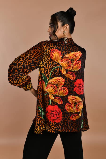 Shop_ISADAA BY ROTNA DUTT_Black Satin, Georgette Round Neck Digital Print Animal And Floral Shirt _Online_at_Aza_Fashions