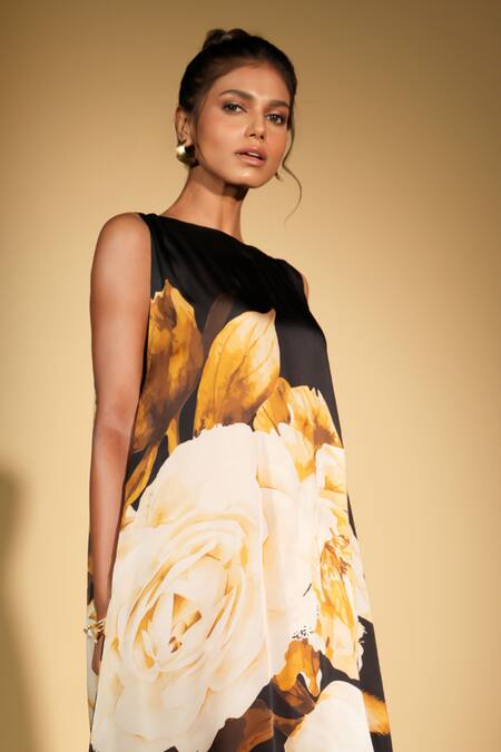 ISADAA BY ROTNA DUTT Black Satin, Georgette Round Neck Digital Printed Floral Dress Online at Aza Fashions ISADAA BY ROTNA DUTT_Black Satin, Georgette Round Neck Digital Printed Floral Dress _Online_at_Aza_Fashions