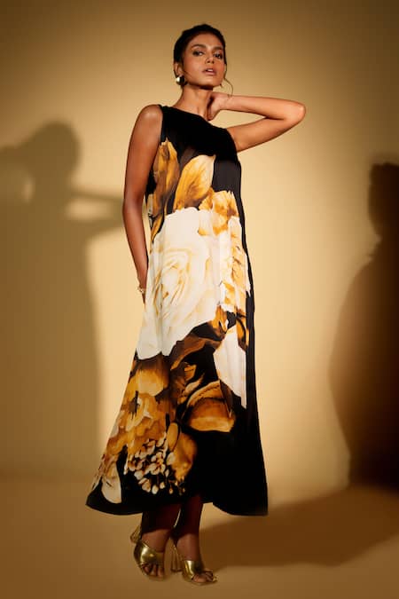 Buy_ISADAA BY ROTNA DUTT_Black Satin, Georgette Round Neck Digital Printed Floral Dress _Online_at_Aza_Fashions