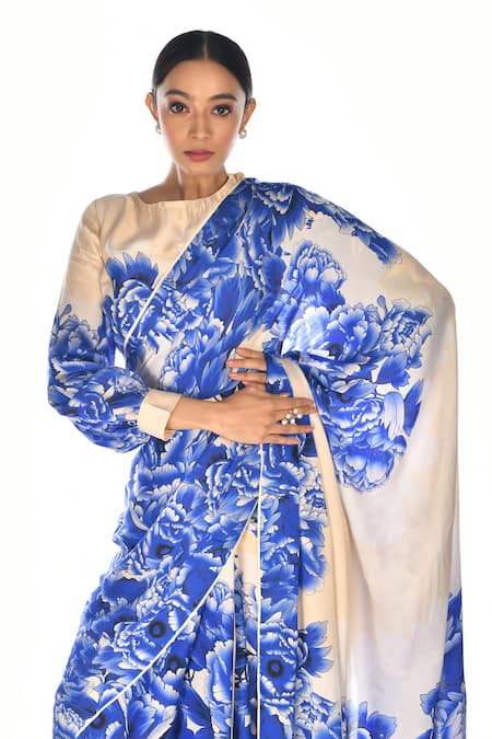 ISADAA BY ROTNA DUTT_White Satin, Georgette Digital Printed Saree With Border _Online_at_Aza_Fashions