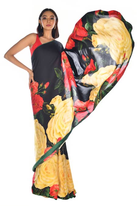 ISADAA BY ROTNA DUTT_Black Georgette Digital Printed Saree With Satin Border _Online_at_Aza_Fashions