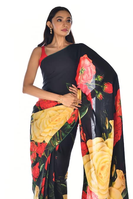 Buy_ISADAA BY ROTNA DUTT_Black Georgette Digital Printed Saree With Satin Border _Online_at_Aza_Fashions