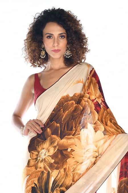 Shop_ISADAA BY ROTNA DUTT_Cream Georgette Digital Floral Print Saree With Satin Border _Online_at_Aza_Fashions