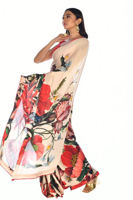 Buy_ISADAA BY ROTNA DUTT_Off White Georgette Digital Printed Saree With Satin Border _Online_at_Aza_Fashions