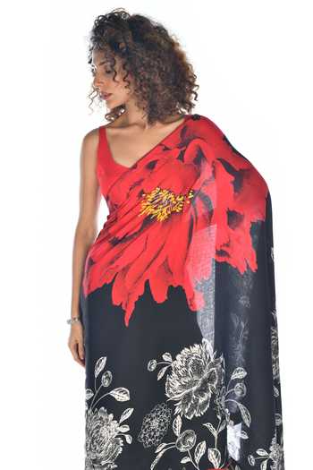 ISADAA BY ROTNA DUTT_Black Georgette, Satin Digital Printed Saree With Border _Online_at_Aza_Fashions