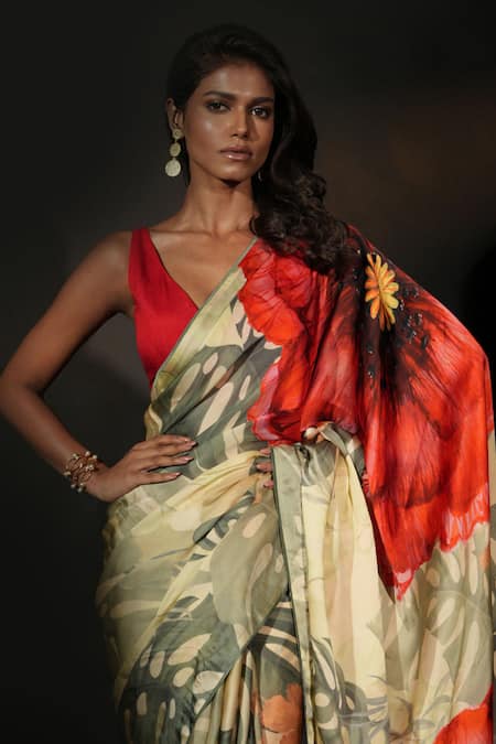 ISADAA BY ROTNA DUTT_Yellow Satin, Georgette Digital Printed Saree With Border _Online_at_Aza_Fashions