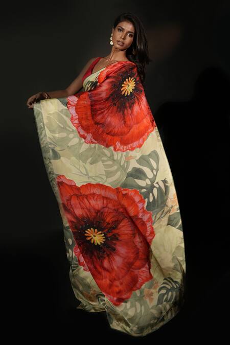 Buy_ISADAA BY ROTNA DUTT_Yellow Satin, Georgette Digital Printed Saree With Border _Online_at_Aza_Fashions