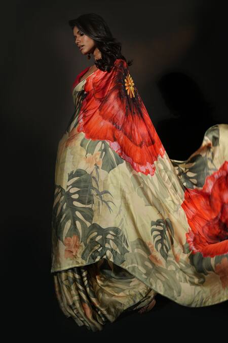 Shop_ISADAA BY ROTNA DUTT_Yellow Satin, Georgette Digital Printed Saree With Border _Online_at_Aza_Fashions