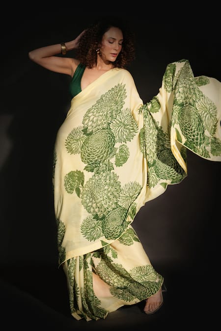 ISADAA BY ROTNA DUTT_Yellow Georgette Digital Printed Saree With Satin Border _Online_at_Aza_Fashions