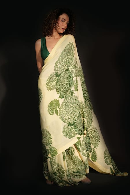 Buy_ISADAA BY ROTNA DUTT_Yellow Georgette Digital Printed Saree With Satin Border _Online_at_Aza_Fashions