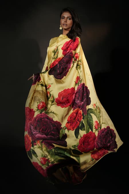 ISADAA BY ROTNA DUTT_Yellow Georgette Digital Printed Floral Saree With Satin Border _Online_at_Aza_Fashions