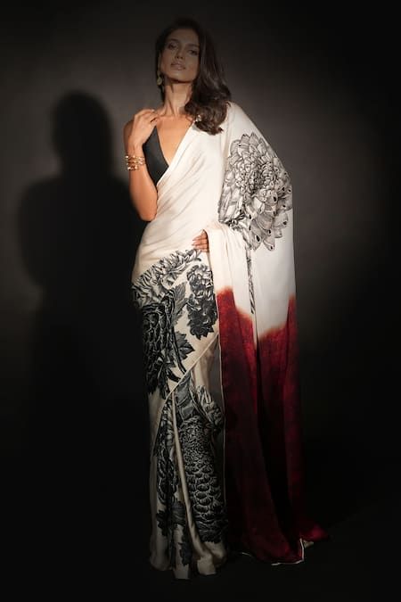 ISADAA BY ROTNA DUTT_Off White Georgette, Satin Digital Printed Saree With Border _Online_at_Aza_Fashions
