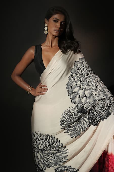 Buy_ISADAA BY ROTNA DUTT_Off White Georgette, Satin Digital Printed Saree With Border _Online_at_Aza_Fashions