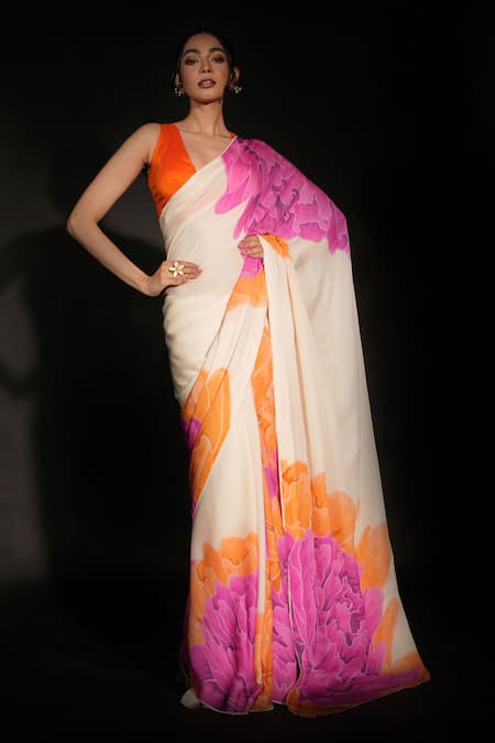 ISADAA BY ROTNA DUTT_Off White Georgette Digital Printed Saree With Satin Border _Online_at_Aza_Fashions