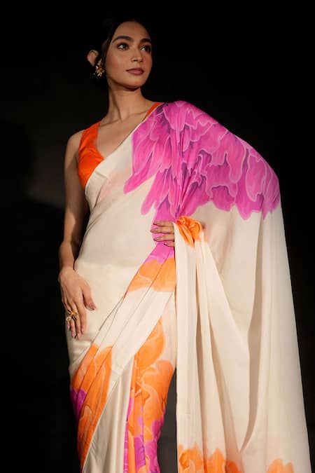 Buy_ISADAA BY ROTNA DUTT_Off White Georgette Digital Printed Saree With Satin Border _Online_at_Aza_Fashions